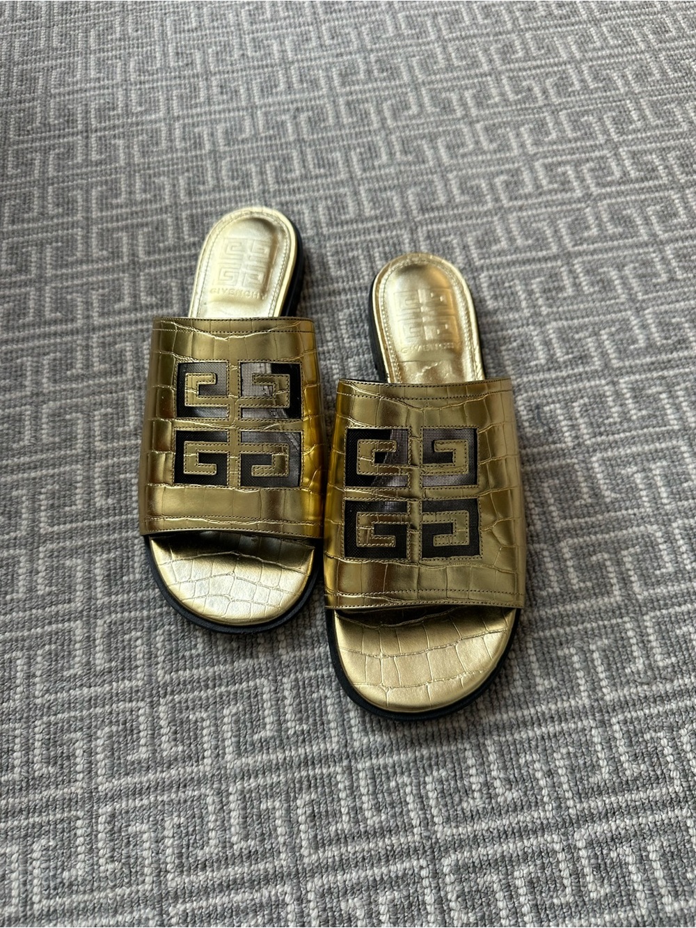 Givenchy Metallic Gold Croc-Embossed Slide Sandals with Logo